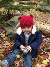 Load image into Gallery viewer, Holiday Beanies. Bear Beanies. Toddler beanie. Roots Inspired Beanie. Baby Bear Beanie. Baby Bear Hat. Bear Ears Hat. Christmas Hats.
