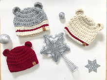 Load image into Gallery viewer, Holiday Beanies. Bear Beanies. Toddler beanie. Roots Inspired Beanie. Baby Bear Beanie. Baby Bear Hat. Bear Ears Hat. Christmas Hats.