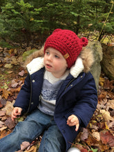 Load image into Gallery viewer, Holiday Beanies. Bear Beanies. Toddler beanie. Roots Inspired Beanie. Baby Bear Beanie. Baby Bear Hat. Bear Ears Hat. Christmas Hats.